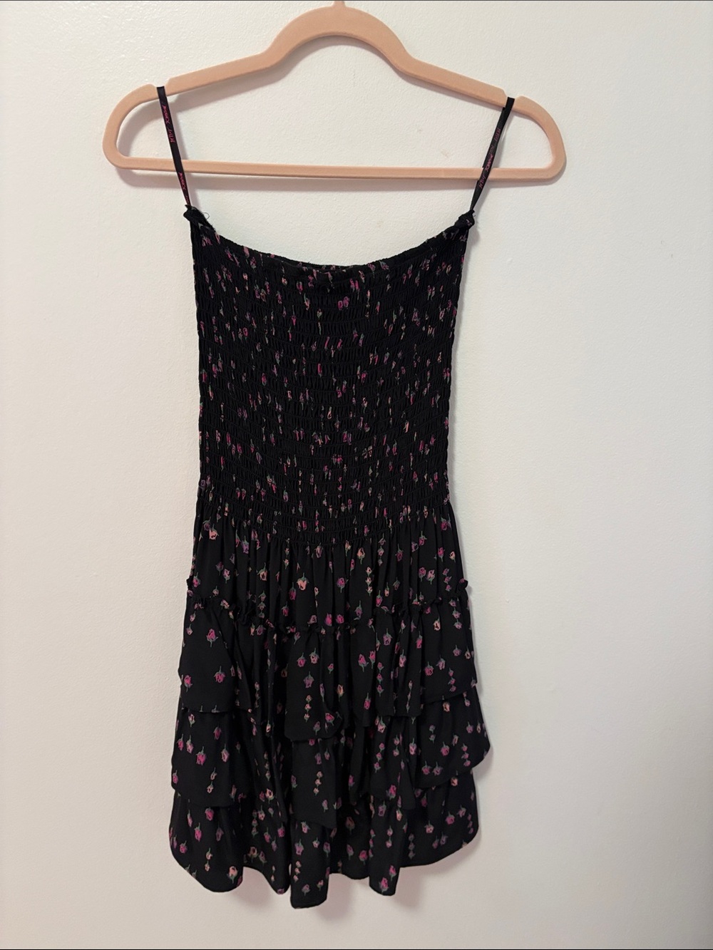 Vintage Betsey Johnson Black Floral Smocked Tiered Dress
